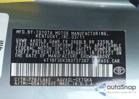 2011 Toyota Camry Xle from USA, damaged, VIN 4T1BF3EK3BU727367